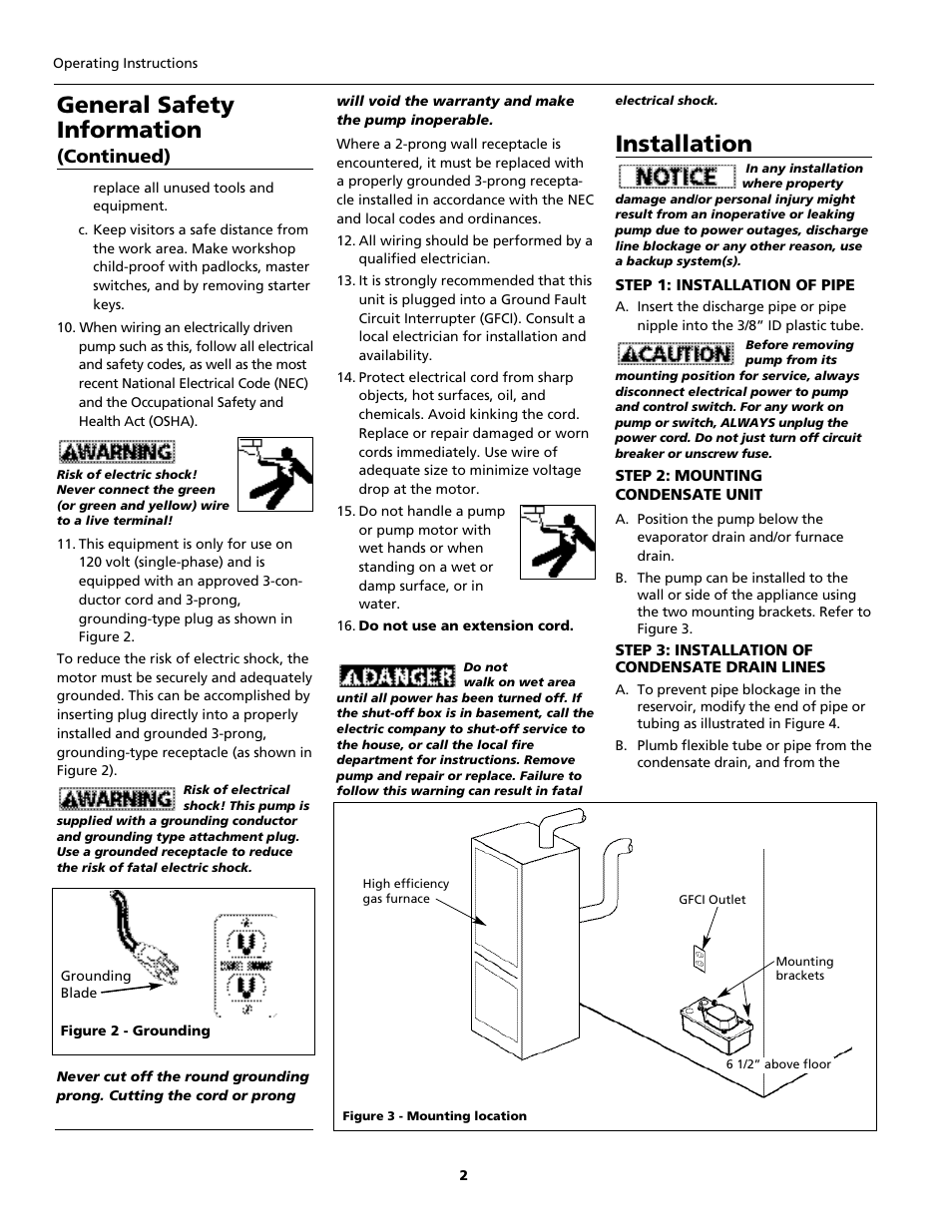 General safety information, Installation, Continued) | Wayne WCP85 User Manual | Page 2 / 12