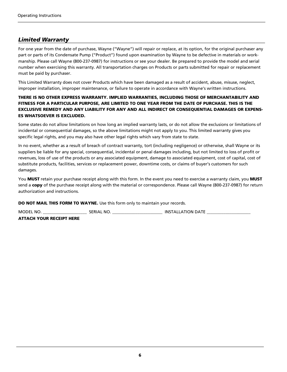Limited warranty | Wayne WCP85 User Manual | Page 6 / 12
