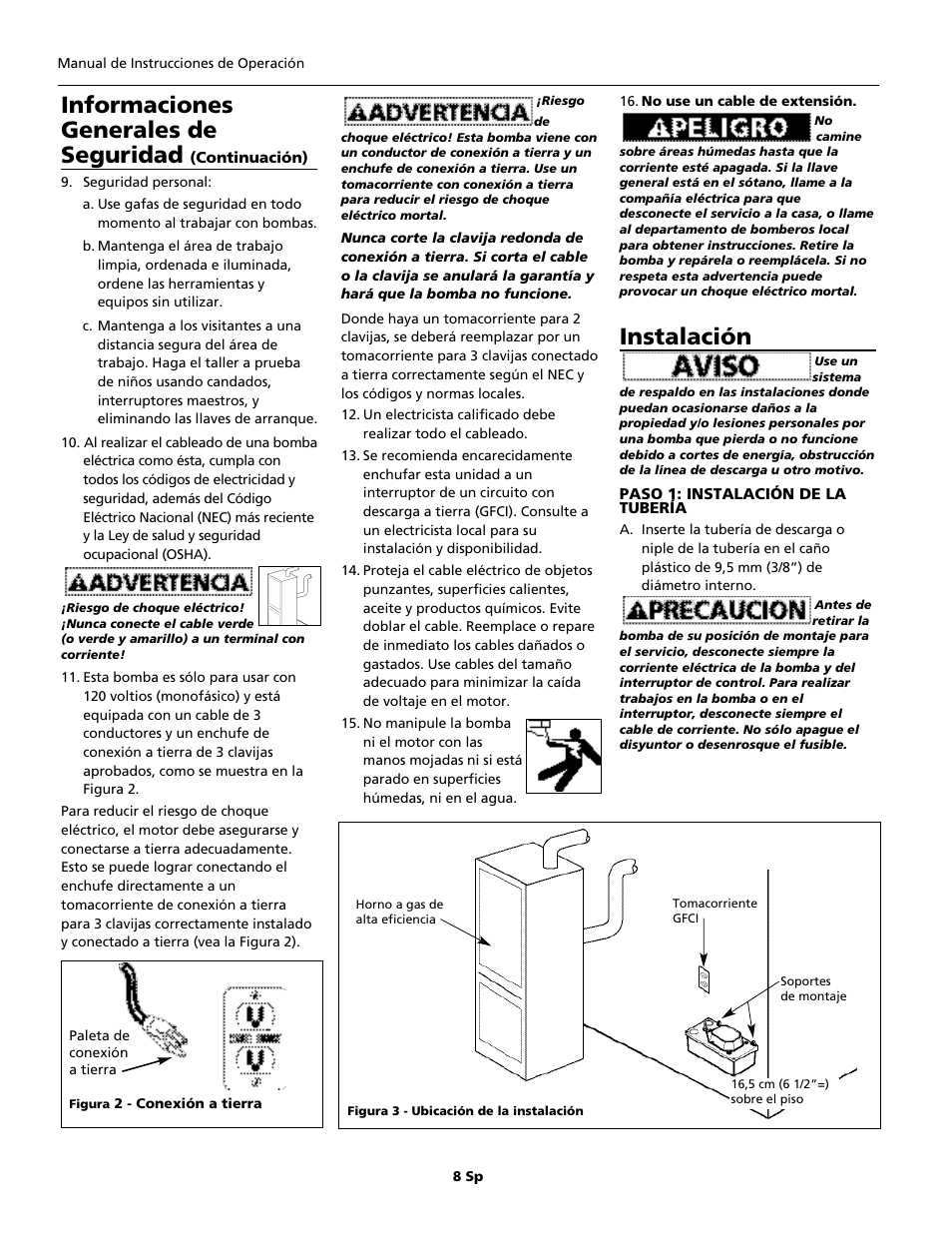 Informaciones generales de seguridad, Instalación | Wayne WCP85 User Manual | Page 8 / 12