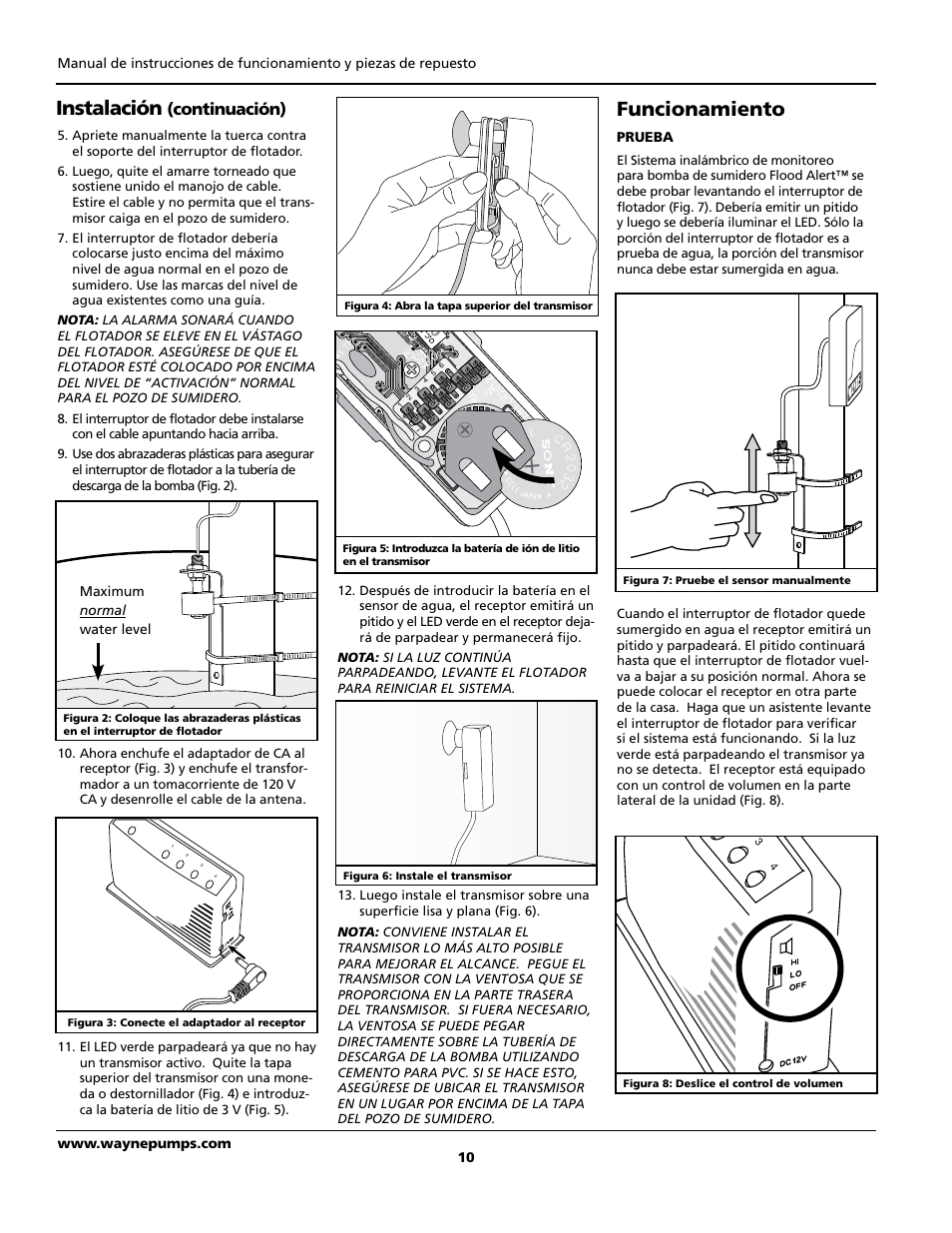 Funcionamiento, Instalación, Continuación) | Wayne FloodAlert 370700-001 User Manual | Page 10 / 12