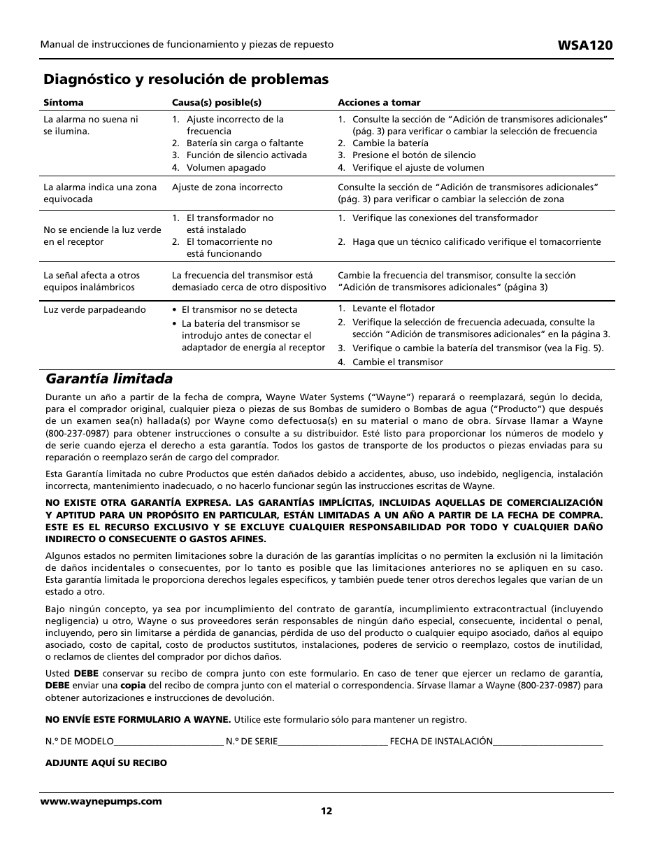 Garantía limitada, Diagnóstico y resolución de problemas, Wsa120 | Wayne FloodAlert 370700-001 User Manual | Page 12 / 12