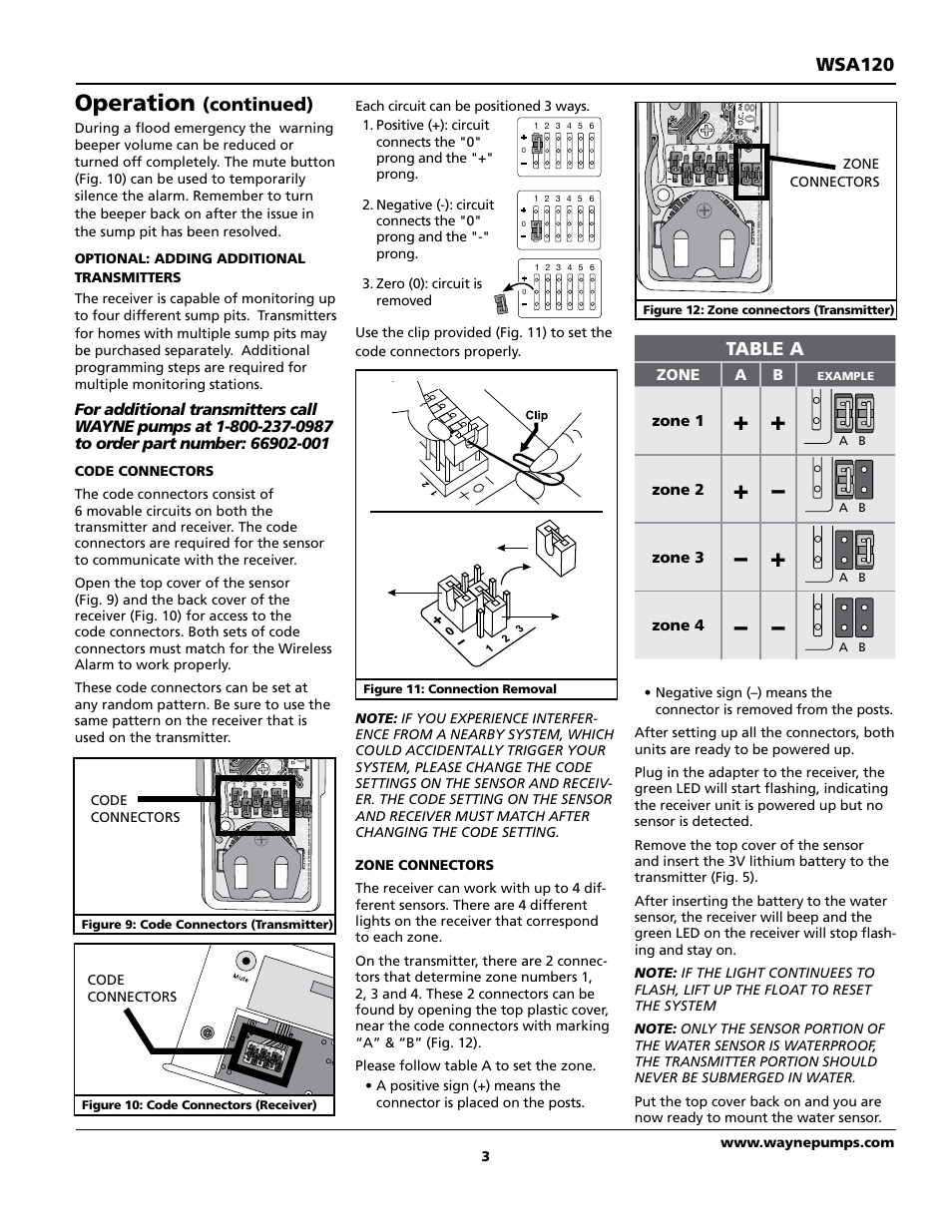 Operation, Wsa120, Continued) | Table a | Wayne FloodAlert 370700-001 User Manual | Page 3 / 12