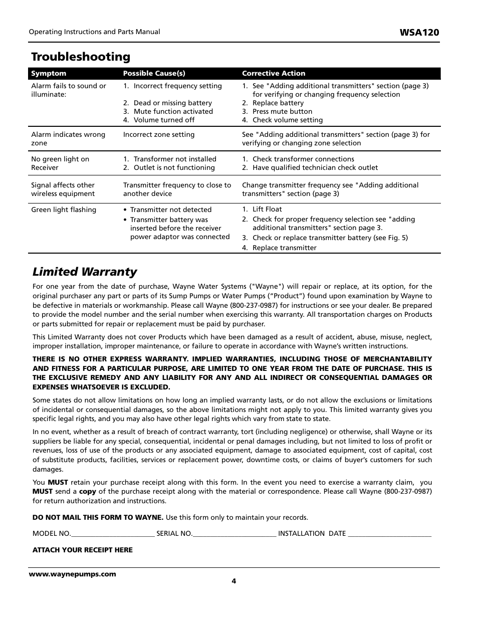 Limited warranty, Troubleshooting | Wayne FloodAlert 370700-001 User Manual | Page 4 / 12