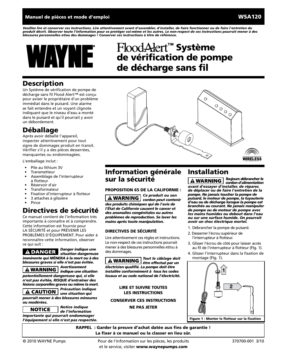 Information générale sur la sécurité, Installation, Description | Déballage, Directives de sécurité, Wsa120 | Wayne FloodAlert 370700-001 User Manual | Page 5 / 12
