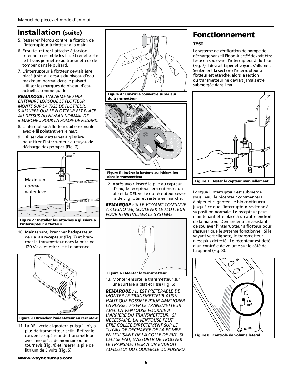Fonctionnement, Installation, Suite) | Wayne FloodAlert 370700-001 User Manual | Page 6 / 12