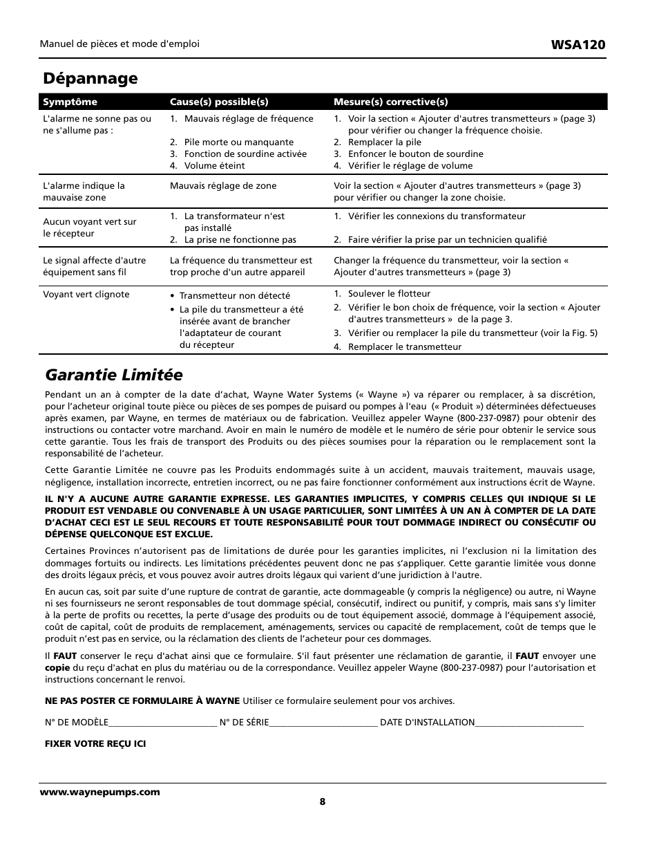 Garantie limitée, Dépannage, Wsa120 | Wayne FloodAlert 370700-001 User Manual | Page 8 / 12