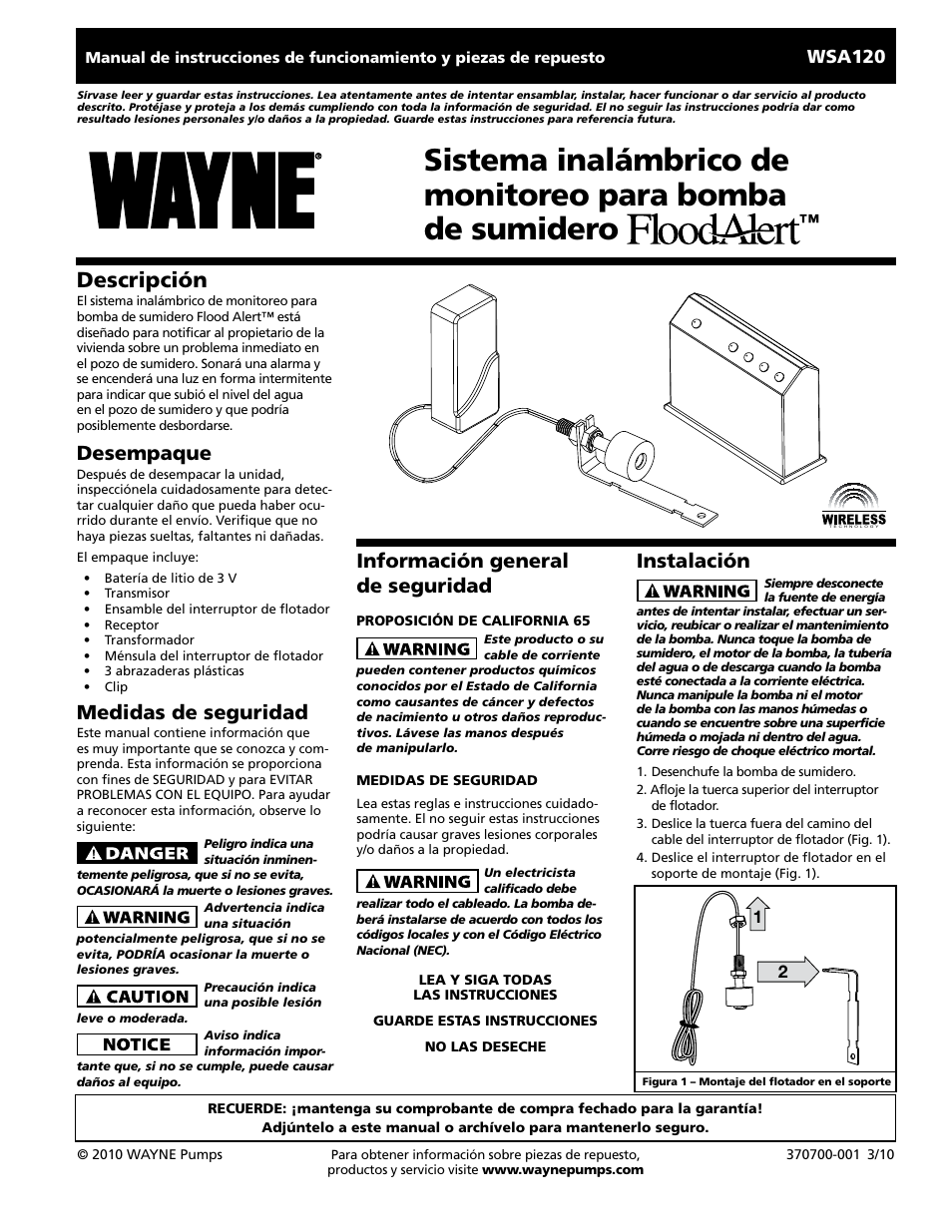 Descripción, Información general de seguridad, Instalación | Desempaque, Medidas de seguridad, Wsa120 | Wayne FloodAlert 370700-001 User Manual | Page 9 / 12