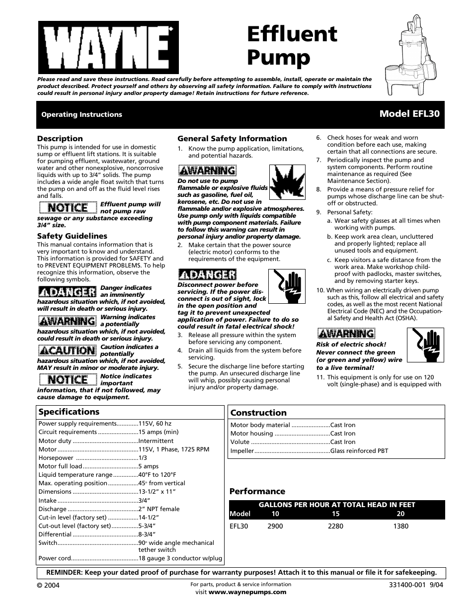 Wayne EFL30 User Manual | 12 pages