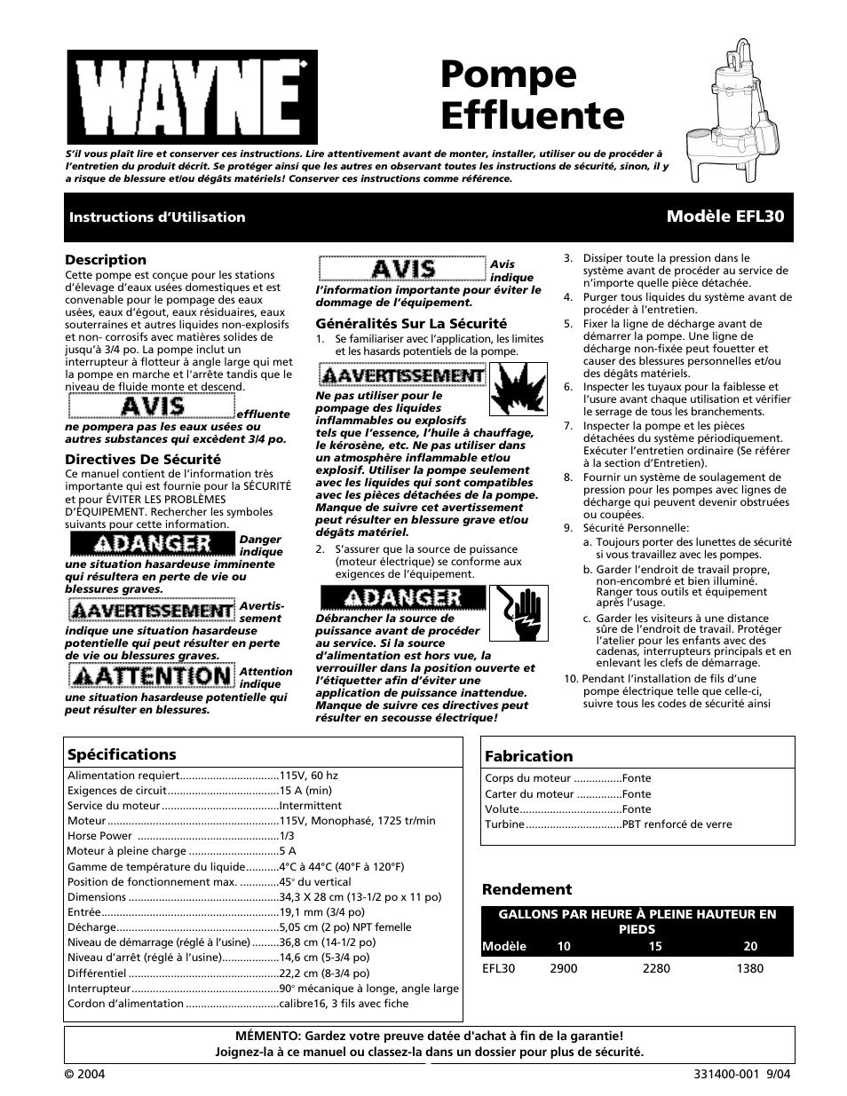 Pompe effluente, Modèle efl30, Spécifications | Fabrication, Rendement | Wayne EFL30 User Manual | Page 5 / 12