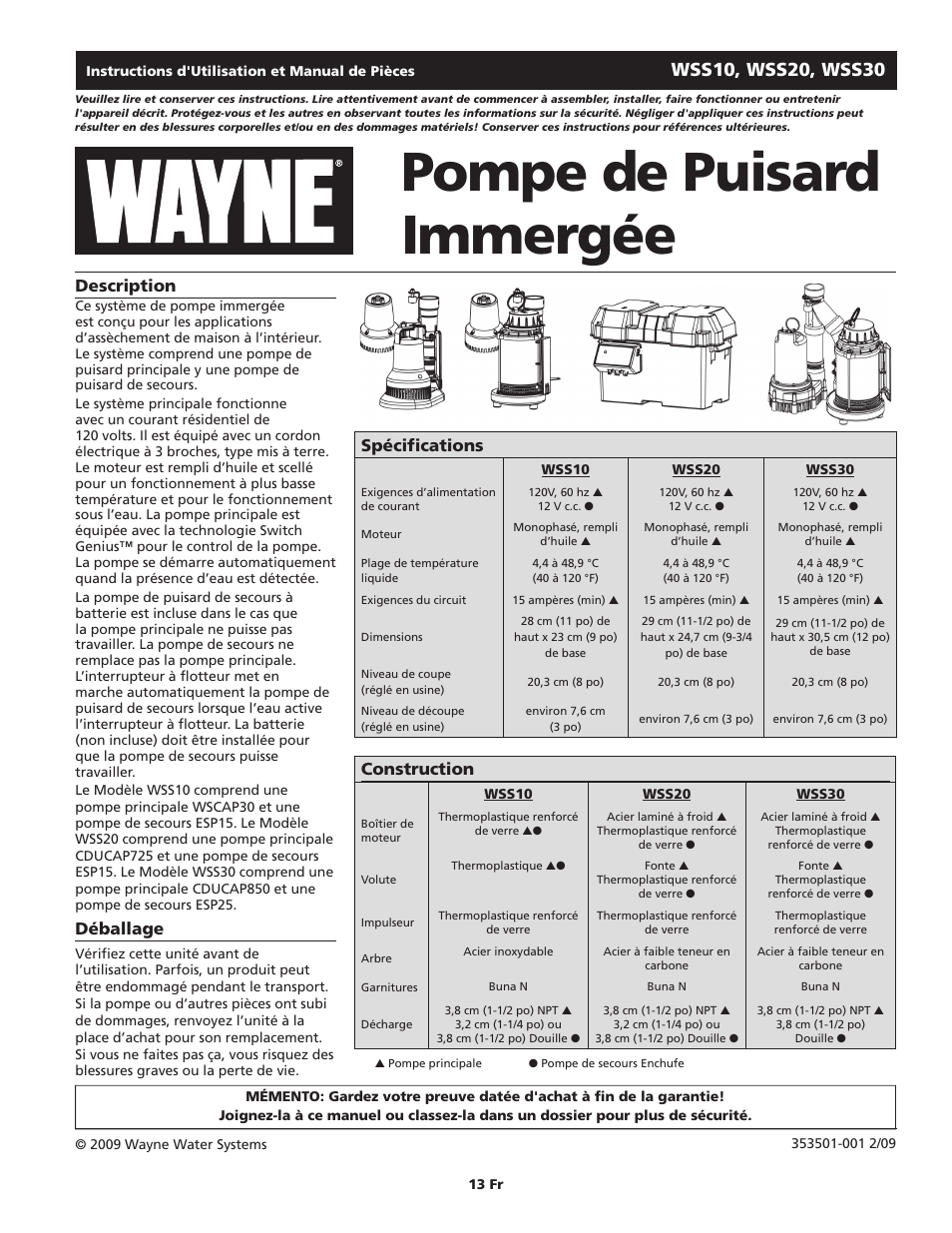 Pompe de puisard immergée, Description, Déballage | S pécifications, Construction | Wayne ESP25 User Manual | Page 13 / 36