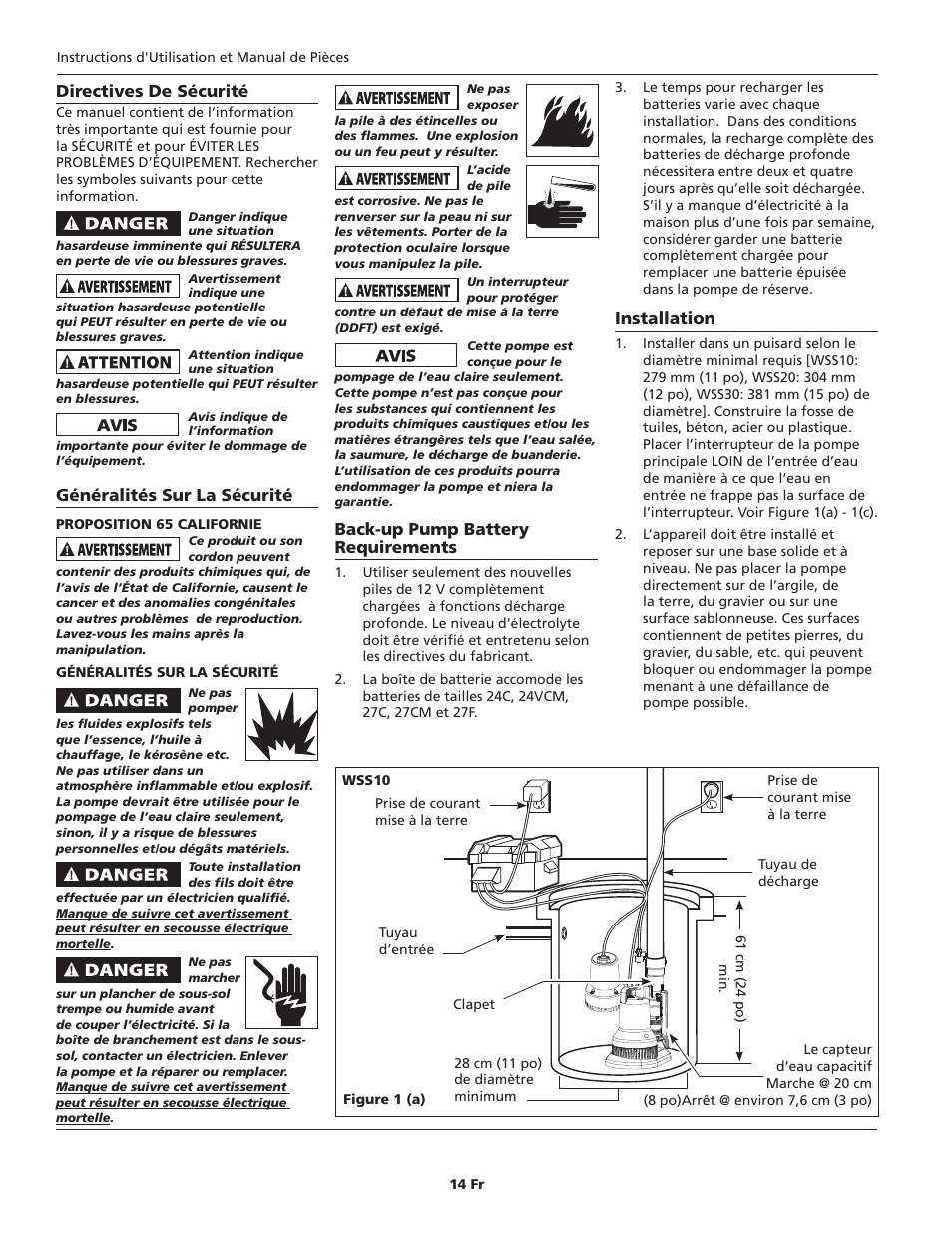 Directives de sécurité, Généralités sur la sécurité, Back-up pump battery requirements | Installation | Wayne ESP25 User Manual | Page 14 / 36
