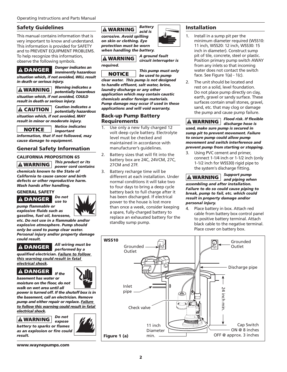 Safety guidelines, G eneral safety information, Back-up pump battery requirements | Installation | Wayne ESP25 User Manual | Page 2 / 36
