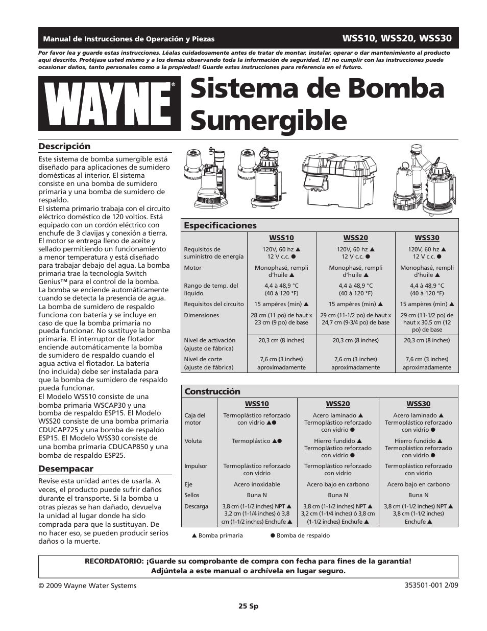 Sistema de bomba sumergible, D escripción, Desempacar | Especificaciones, Construcción | Wayne ESP25 User Manual | Page 25 / 36