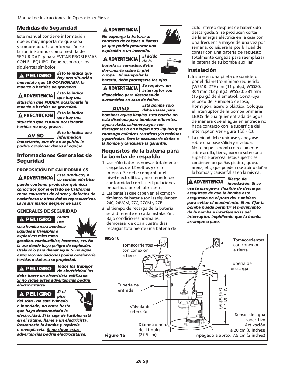 Medidas de seguridad, Informaciones generales de seguridad, Requisitos de la batería para la bomba de respaldo | Instalación | Wayne ESP25 User Manual | Page 26 / 36