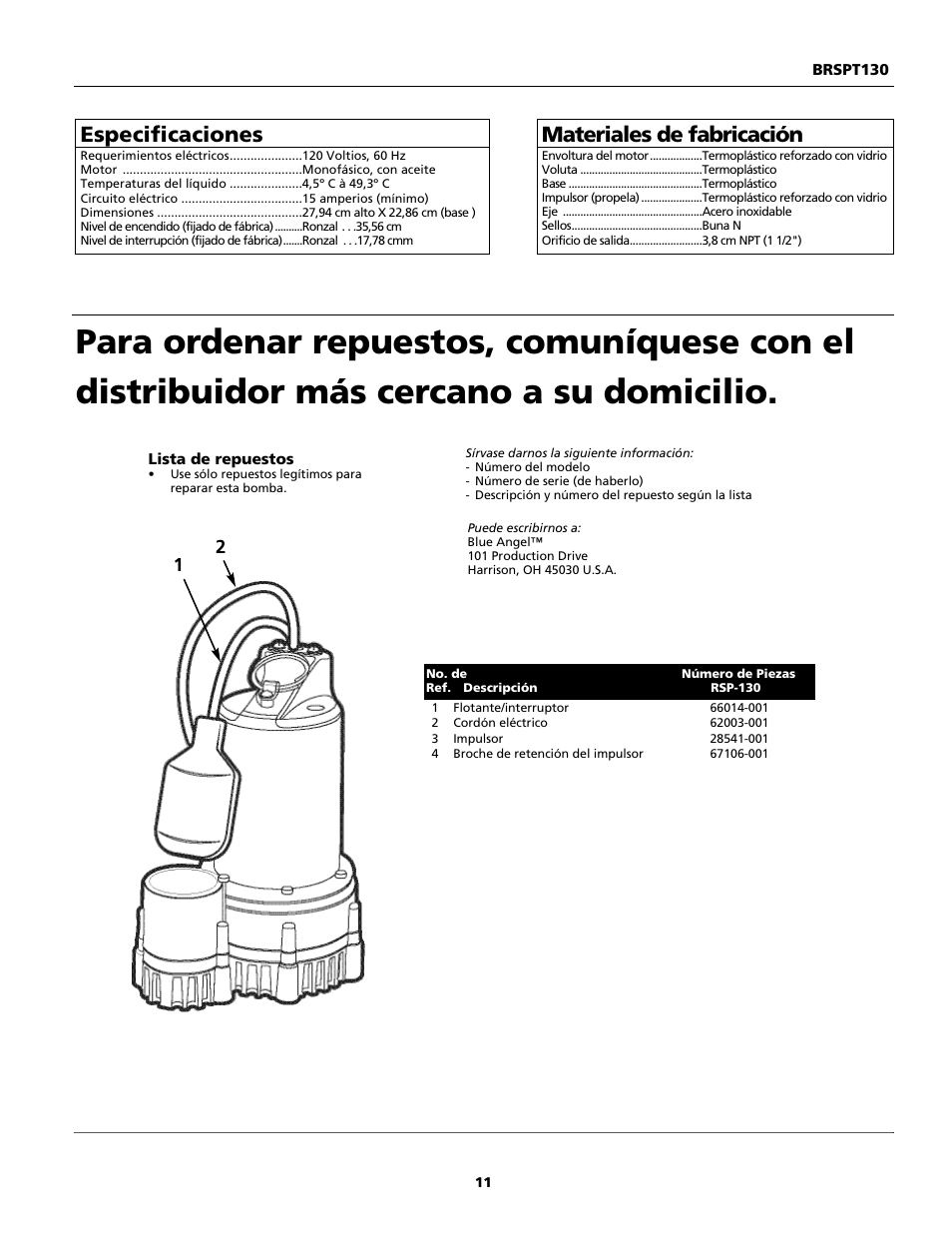 Especificaciones, Materiales de fabricación | Blue Angel Pumps BRSPT130 User Manual | Page 11 / 12