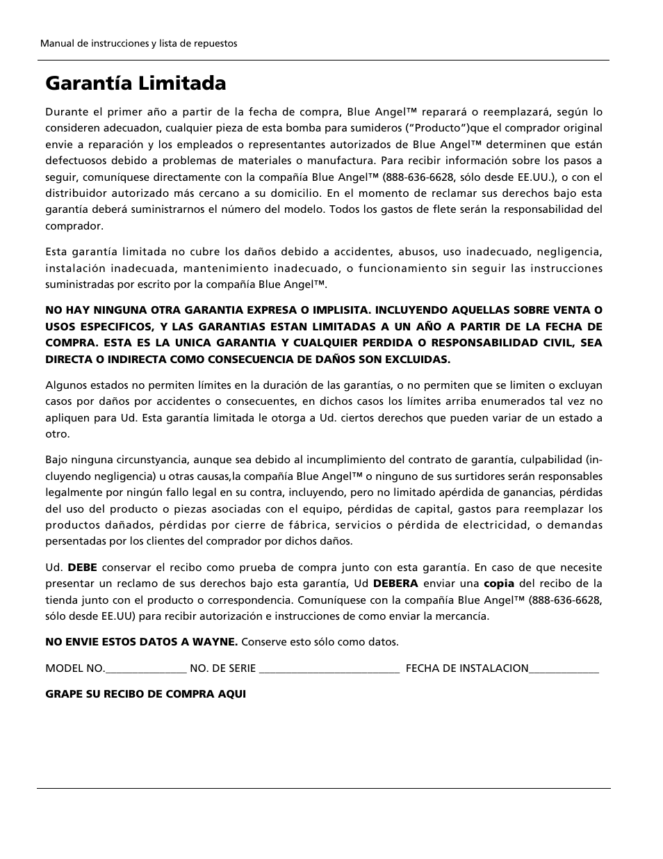 Garantía limitada | Blue Angel Pumps BRSPT130 User Manual | Page 12 / 12