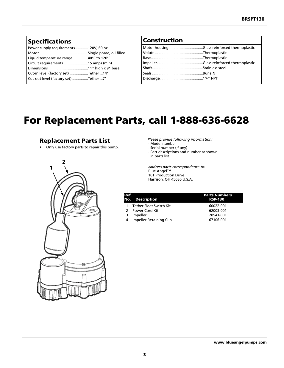 Replacement parts list, Specifications, Construction | Blue Angel Pumps BRSPT130 User Manual | Page 3 / 12