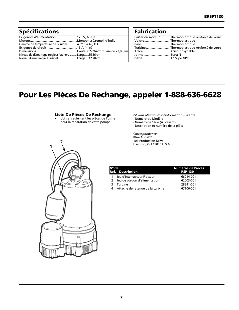 Spécifications, Fabrication | Blue Angel Pumps BRSPT130 User Manual | Page 7 / 12