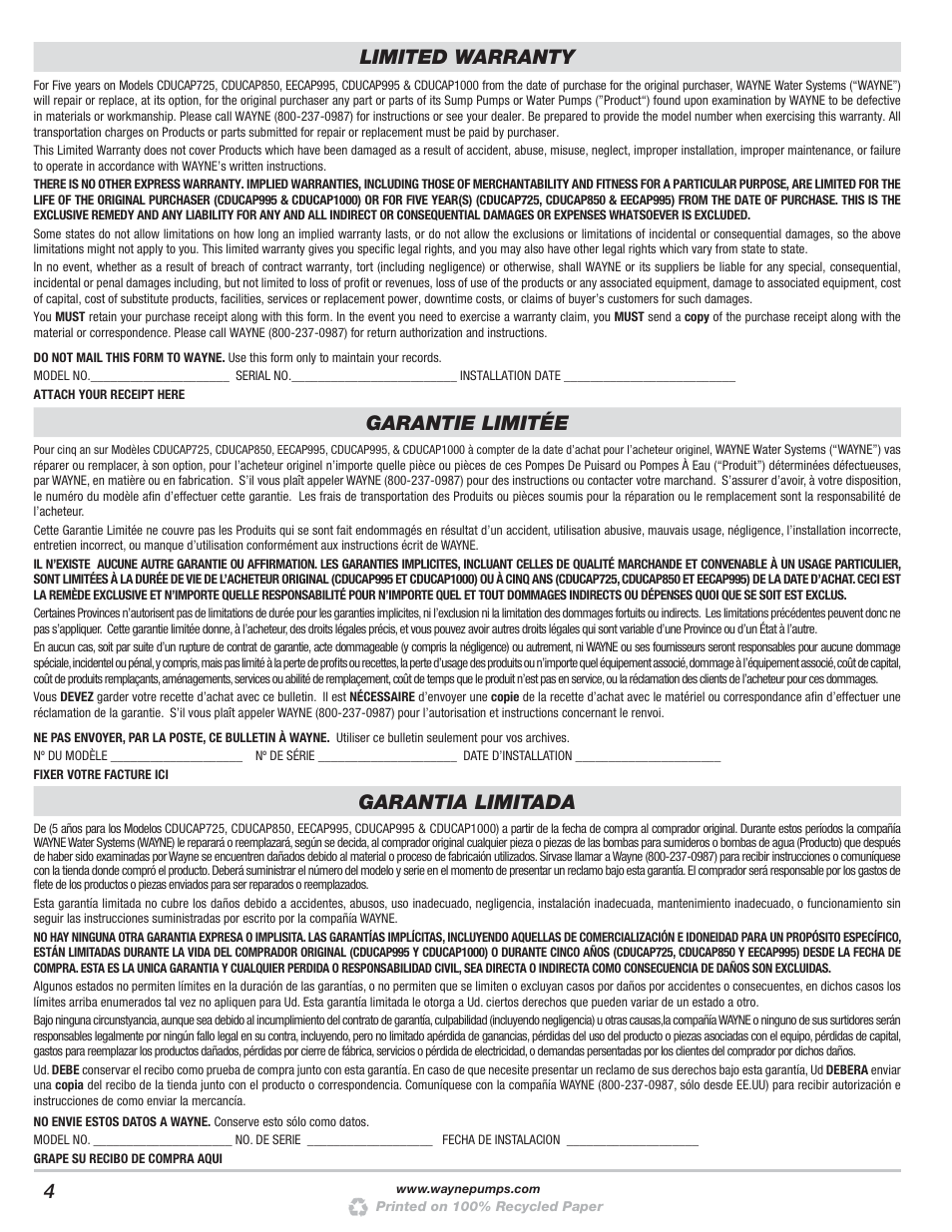 Limited warranty, Garantie limitée, Garantia limitada | Wayne CDUCAP1000 User Manual | Page 4 / 4