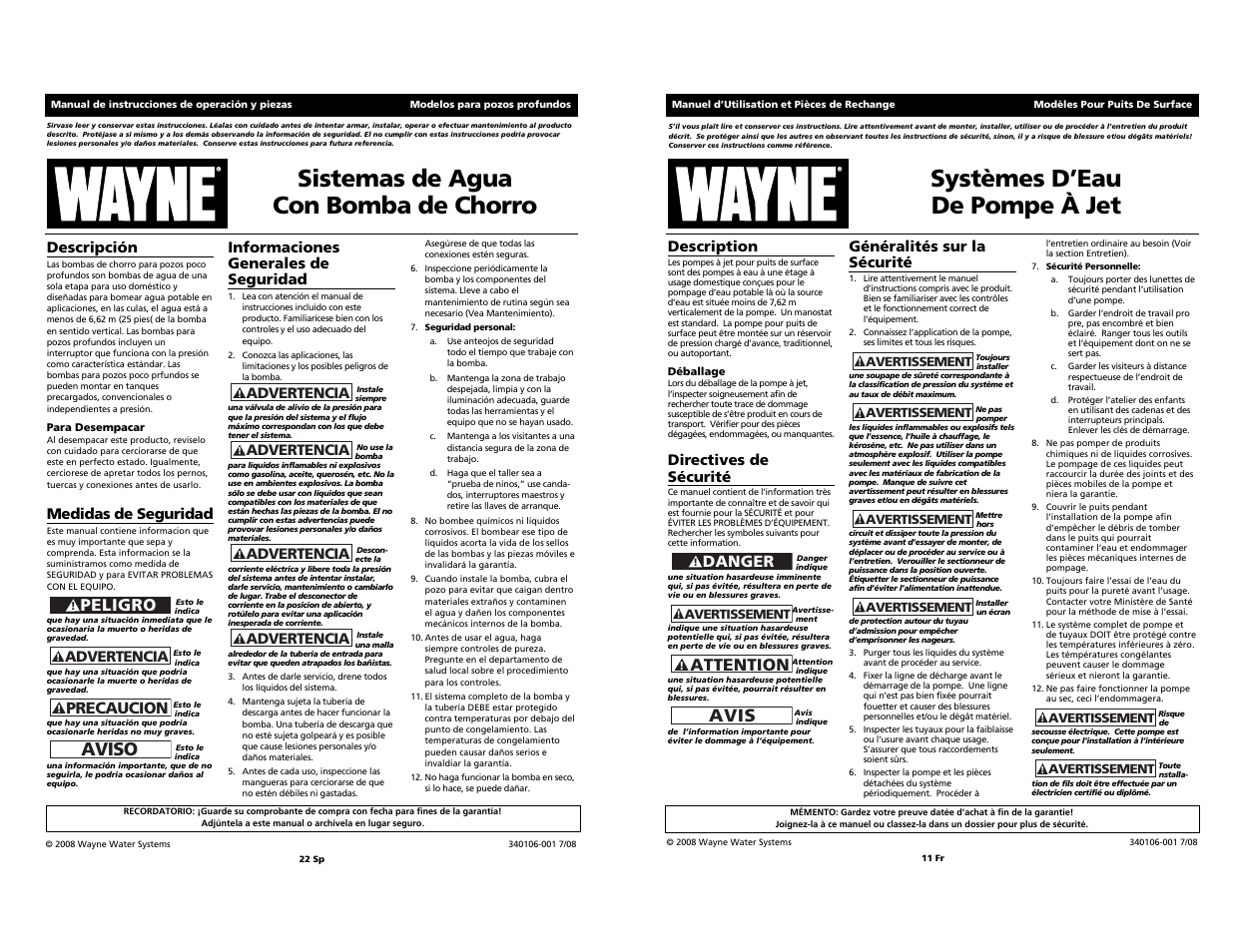 Sistemas de agua con bomba de chorro, Systèmes d’eau de pompe à jet, Aviso | Peligro, Avis, Attention, Precaucion, Danger, Descripción, Medidas de seguridad | Wayne Jet Pump Water Systems Shallow Well User Manual | Page 11 / 16