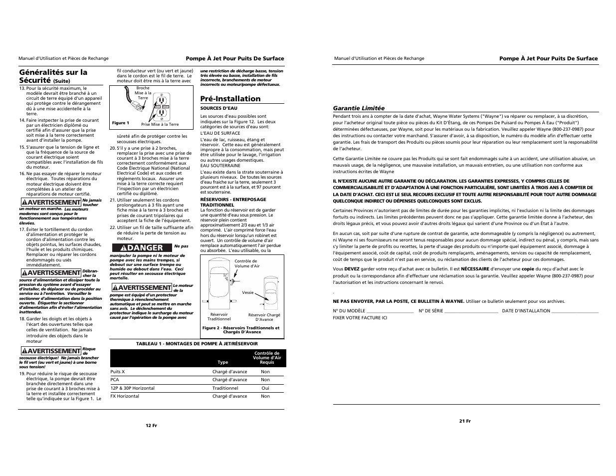 Danger, Généralités sur la sécurité, Pré-installation | Wayne Jet Pump Water Systems Shallow Well User Manual | Page 12 / 16