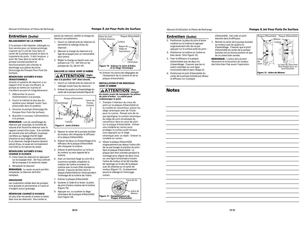 Attention, Entretien | Wayne Jet Pump Water Systems Shallow Well User Manual | Page 16 / 16