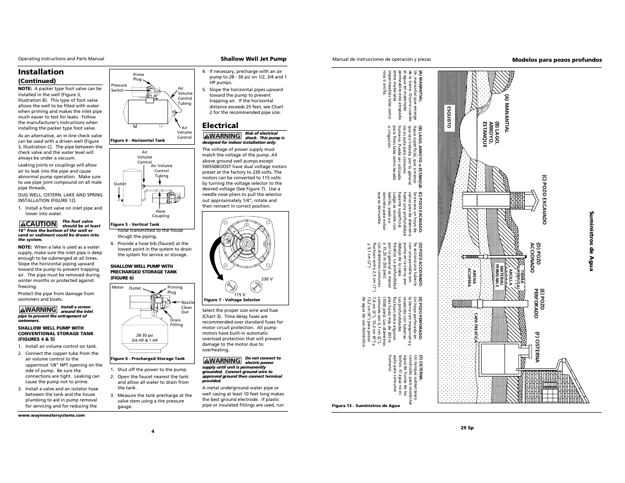 Electrical, Installation, Warning | Caution | Wayne Jet Pump Water Systems Shallow Well User Manual | Page 4 / 16