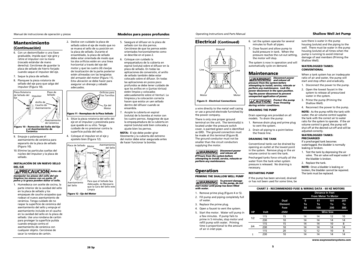 Precaucion, Mantenimiento, Electrical | Operation, Maintenance | Wayne Jet Pump Water Systems Shallow Well User Manual | Page 5 / 16