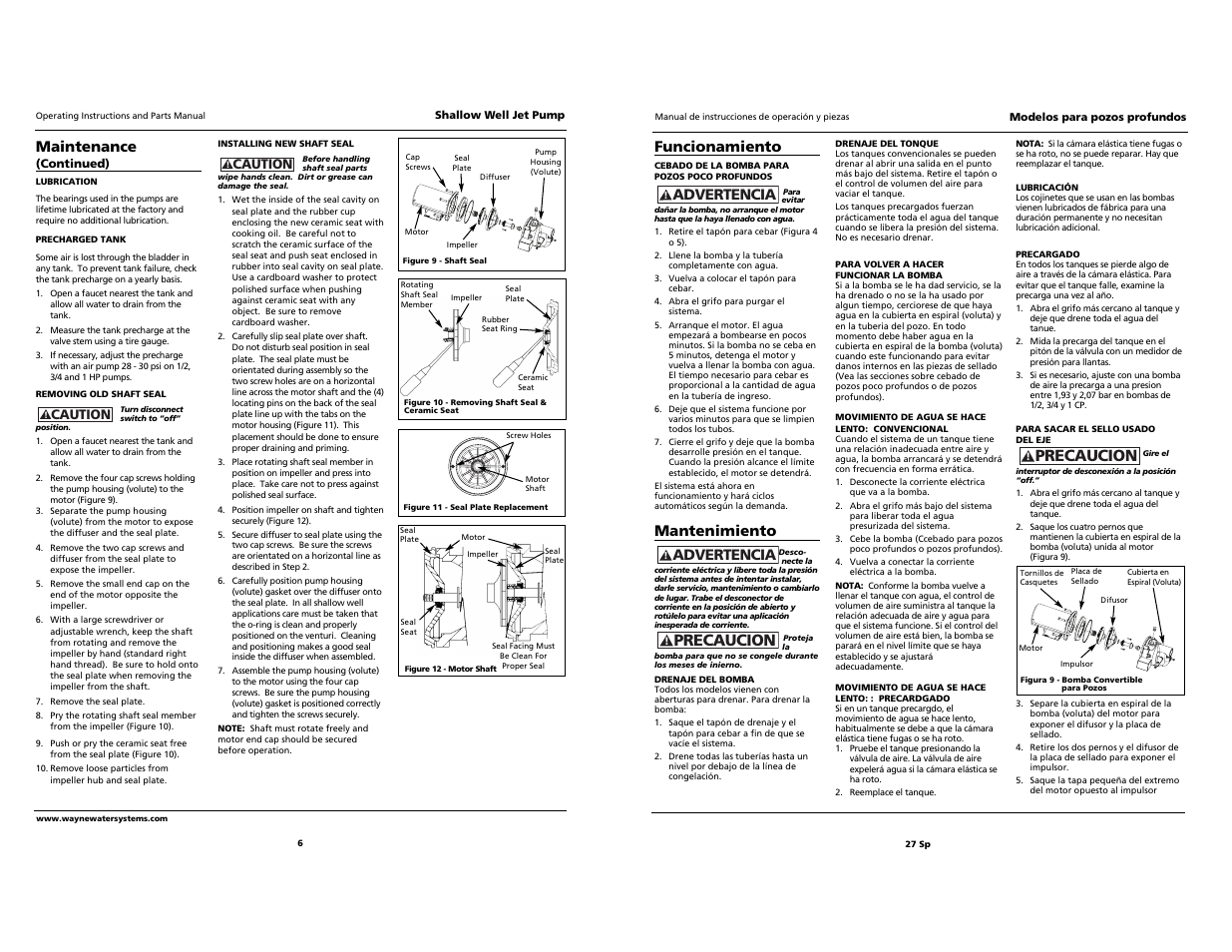 Precaucion, Funcionamiento, Mantenimiento | Advertencia, Maintenance | Wayne Jet Pump Water Systems Shallow Well User Manual | Page 6 / 16