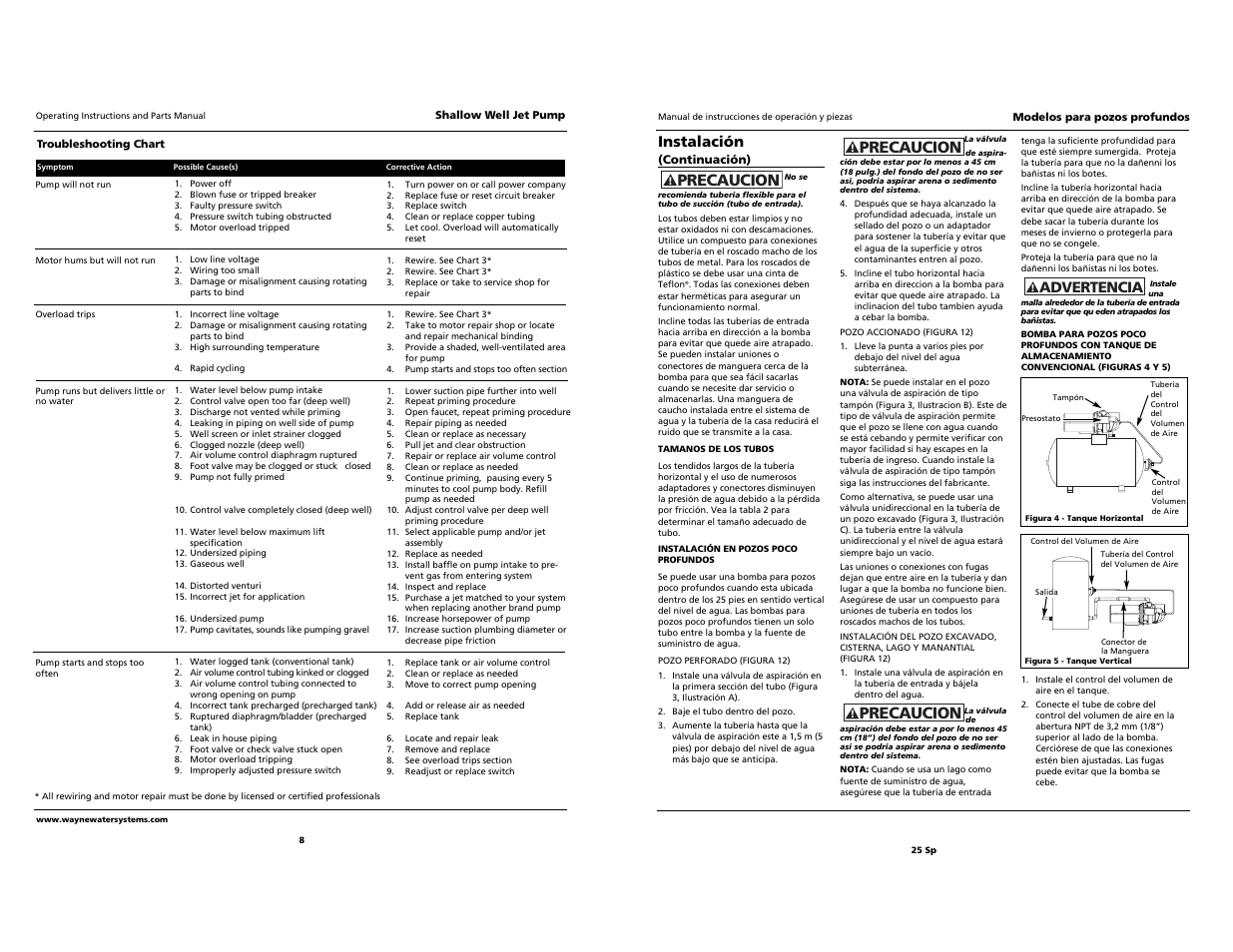 Precaucion, Advertencia instalación | Wayne Jet Pump Water Systems Shallow Well User Manual | Page 8 / 16