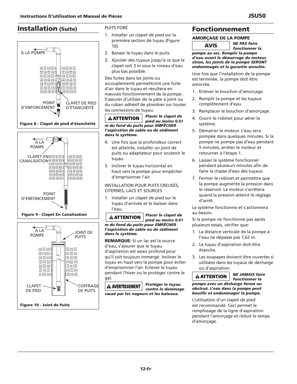 Fonctionnement, Installation, Jsu50 | Suite) | Wayne JSU50 User Manual | Page 12 / 24