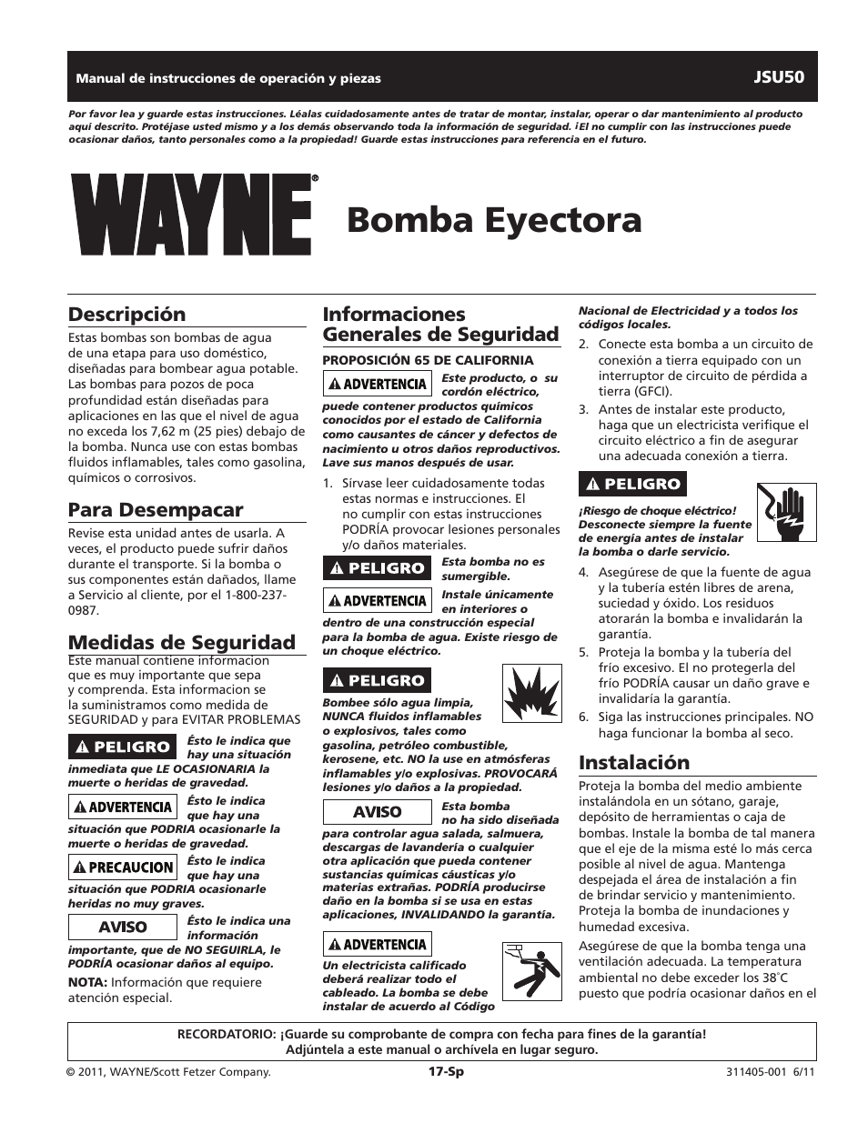 Bomba eyectora, Instalación, Informaciones generales de seguridad | Descripción, Para desempacar, Medidas de seguridad, Jsu50 | Wayne JSU50 User Manual | Page 17 / 24