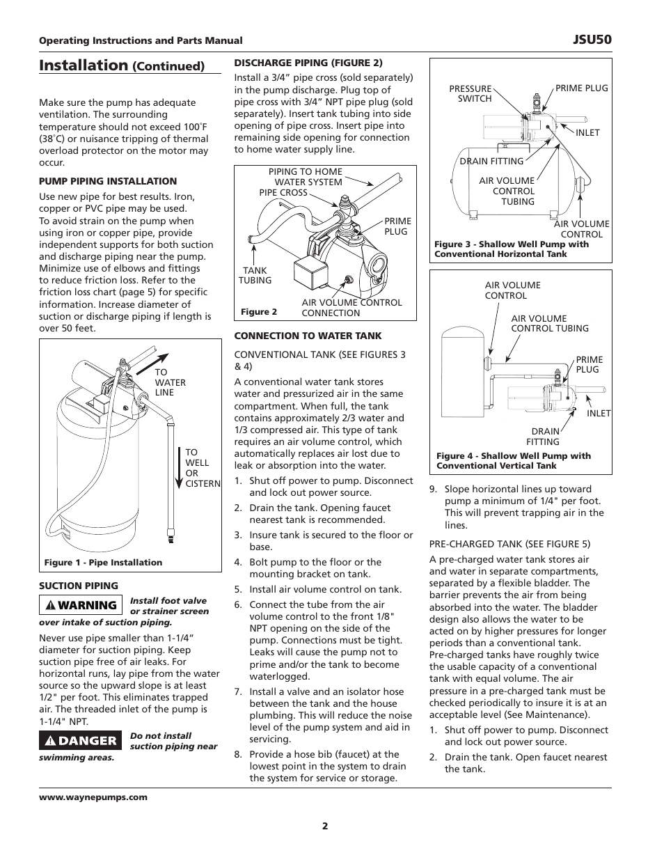 Installation, Jsu50, Continued) | Wayne JSU50 User Manual | Page 2 / 24