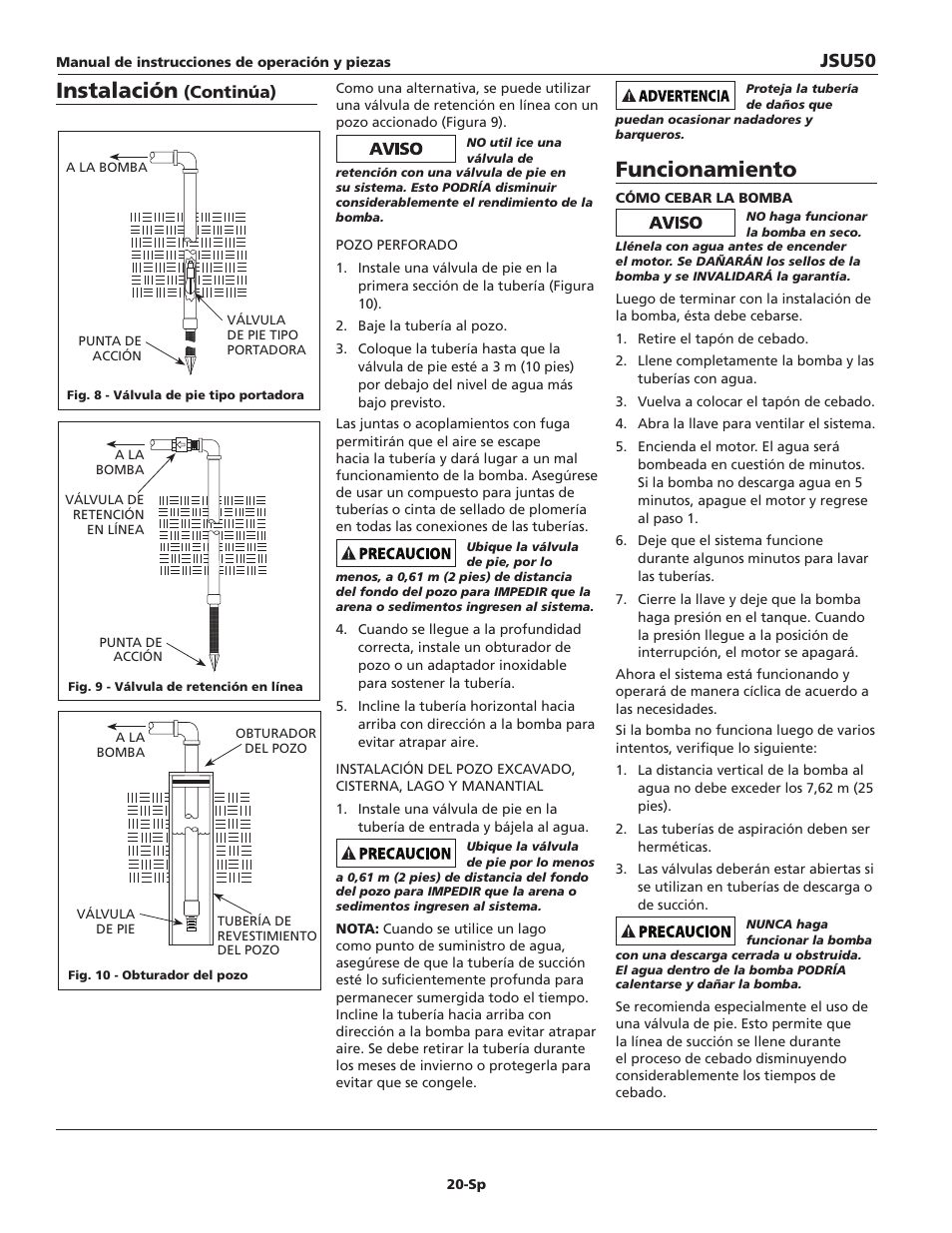 Instalación, Funcionamiento, Jsu50 | Continúa) | Wayne JSU50 User Manual | Page 20 / 24