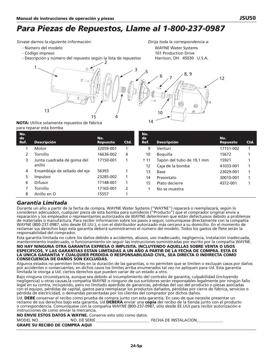 Jsu50 garantía limitada | Wayne JSU50 User Manual | Page 24 / 24