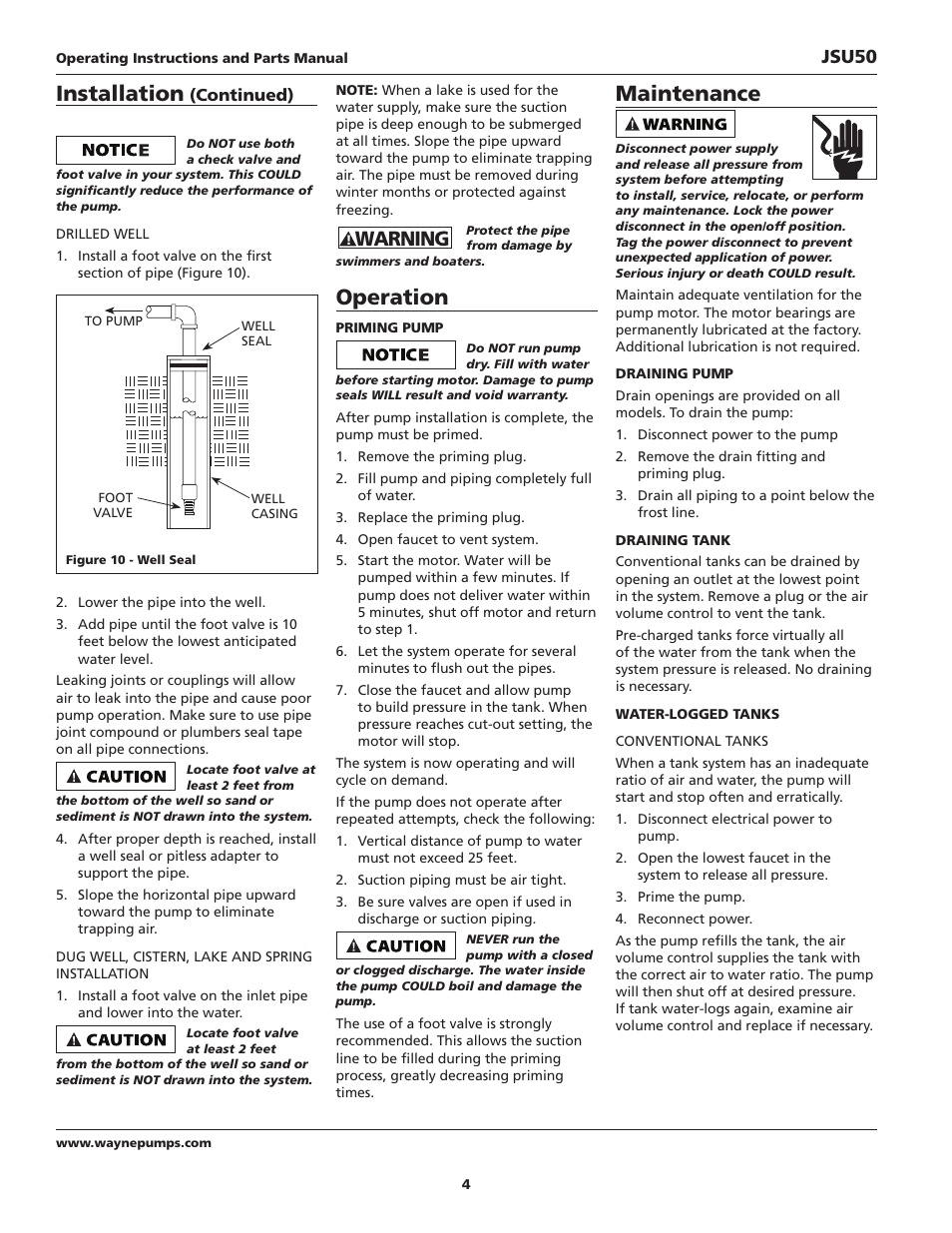 Installation, Operation, Maintenance | Warning, Jsu50 | Wayne JSU50 User Manual | Page 4 / 24