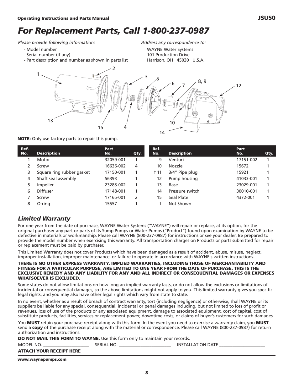 Limited warranty, Jsu50 | Wayne JSU50 User Manual | Page 8 / 24