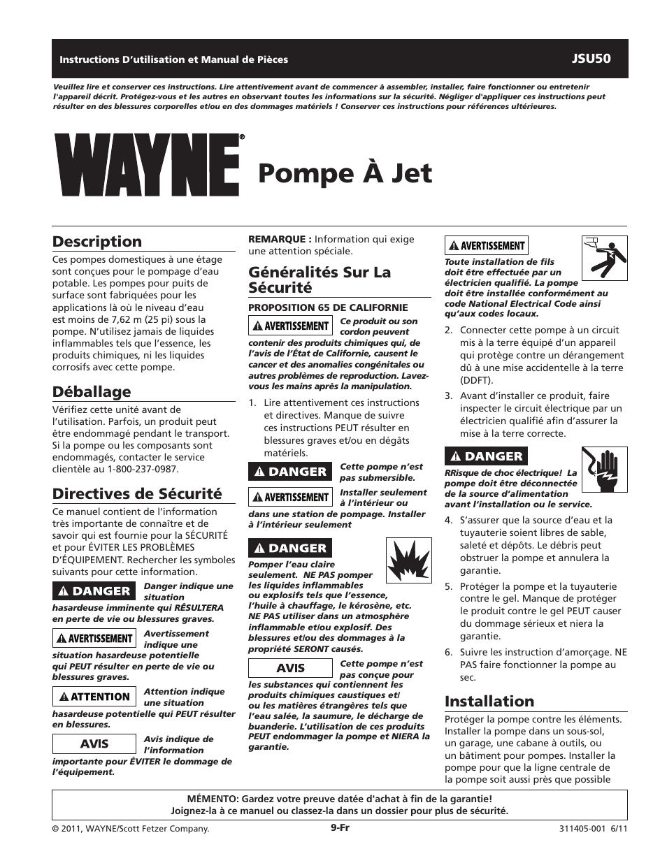 Pompe à jet, Installation, Généralités sur la sécurité | Description, Déballage, Directives de sécurité, Jsu50 | Wayne JSU50 User Manual | Page 9 / 24