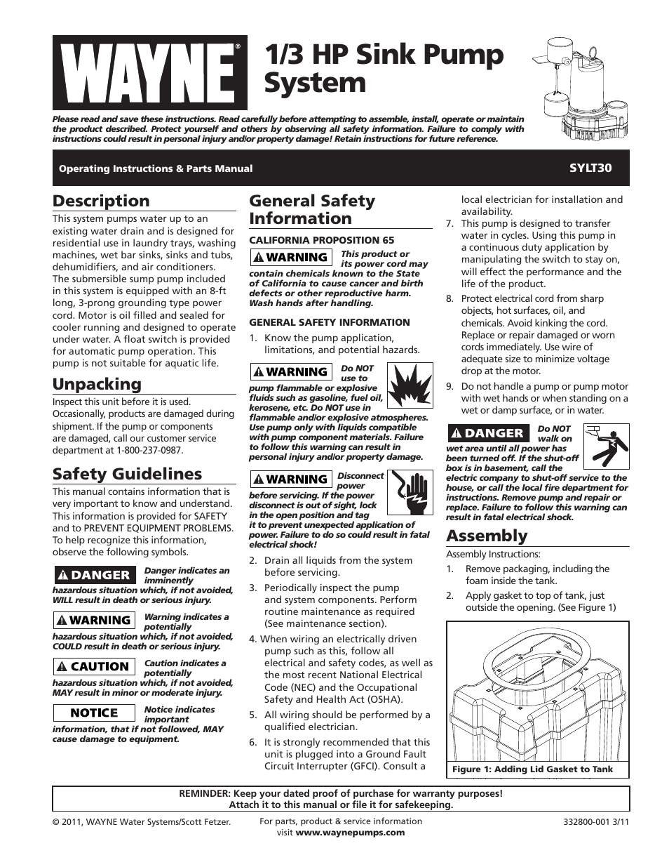 Wayne 1/3 HP SINK PUMP SYSTEM SYLT30 User Manual | 20 pages