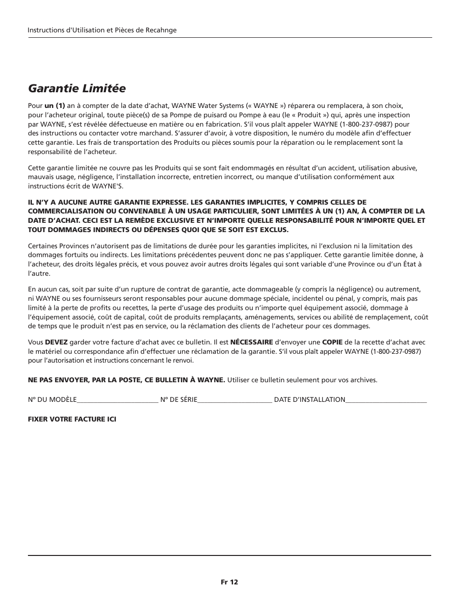 Garantie limitée | Wayne 1/3 HP SINK PUMP SYSTEM SYLT30 User Manual | Page 12 / 20