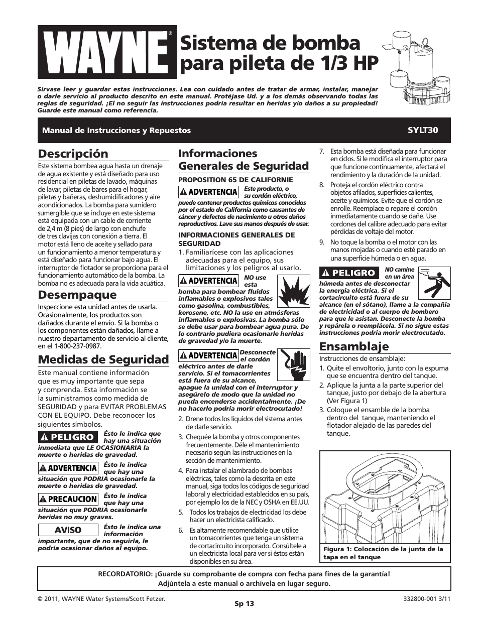 Sistema de bomba para pileta de 1/3 hp, Descripción, Desempaque | Medidas de seguridad, Ensamblaje, Informaciones generales de seguridad | Wayne 1/3 HP SINK PUMP SYSTEM SYLT30 User Manual | Page 13 / 20