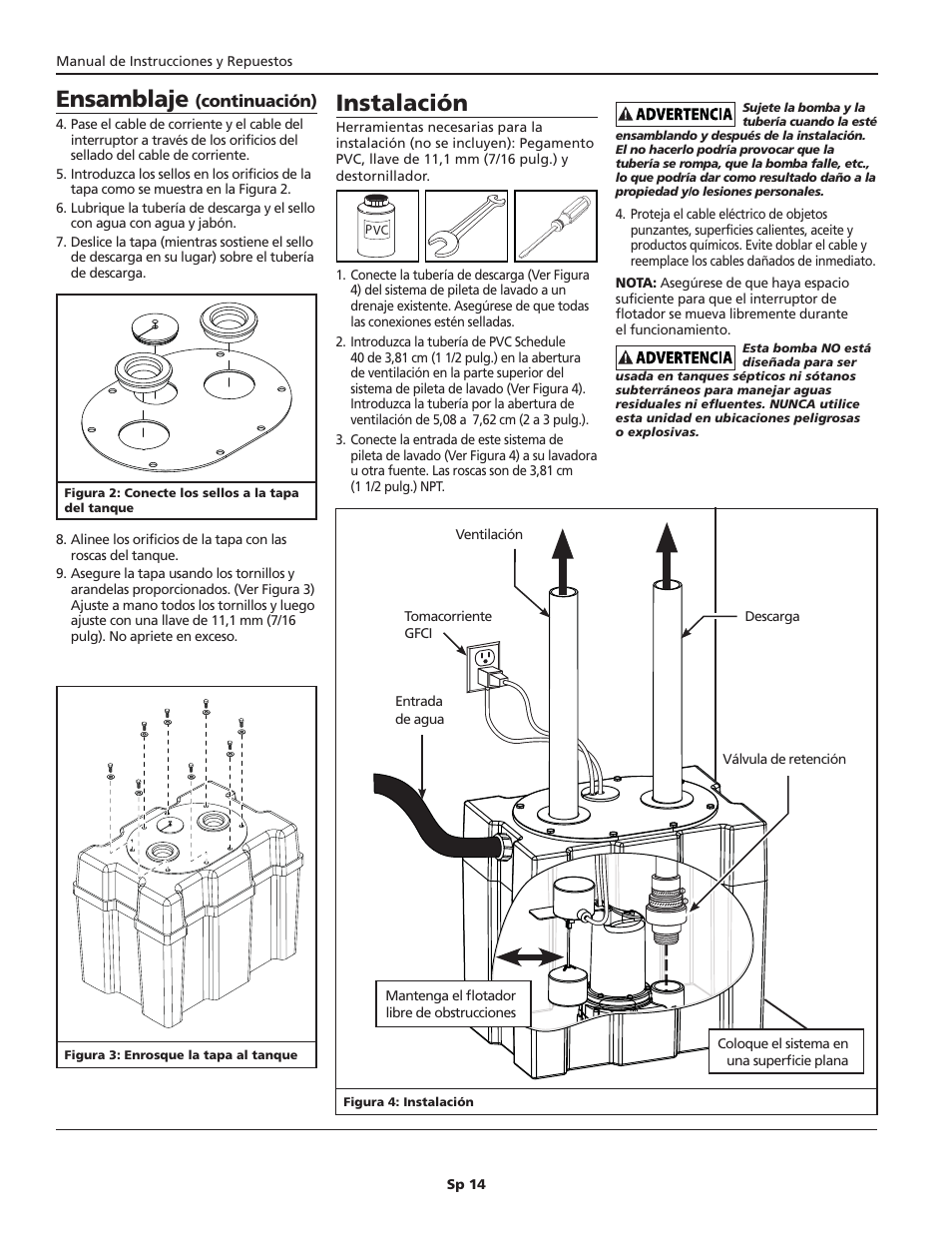 Instalación, Ensamblaje | Wayne 1/3 HP SINK PUMP SYSTEM SYLT30 User Manual | Page 14 / 20