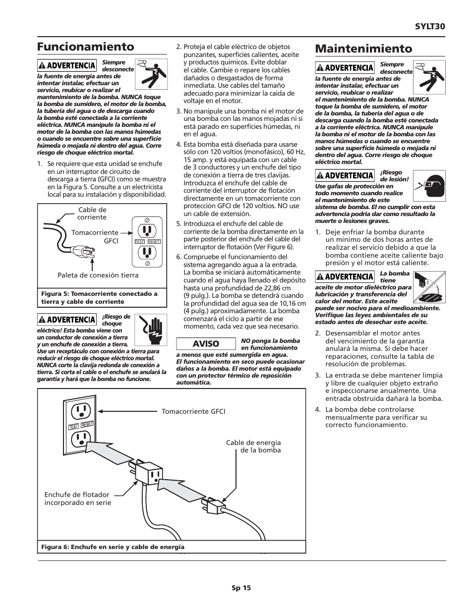 Funcionamiento, Maintenimiento, Sylt30 | Wayne 1/3 HP SINK PUMP SYSTEM SYLT30 User Manual | Page 15 / 20