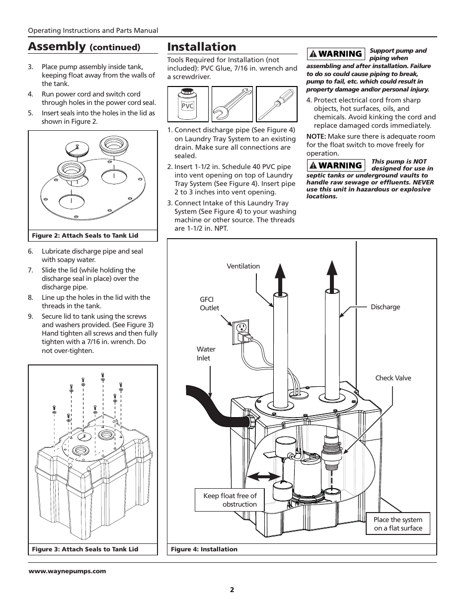 Installation, Assembly | Wayne 1/3 HP SINK PUMP SYSTEM SYLT30 User Manual | Page 2 / 20