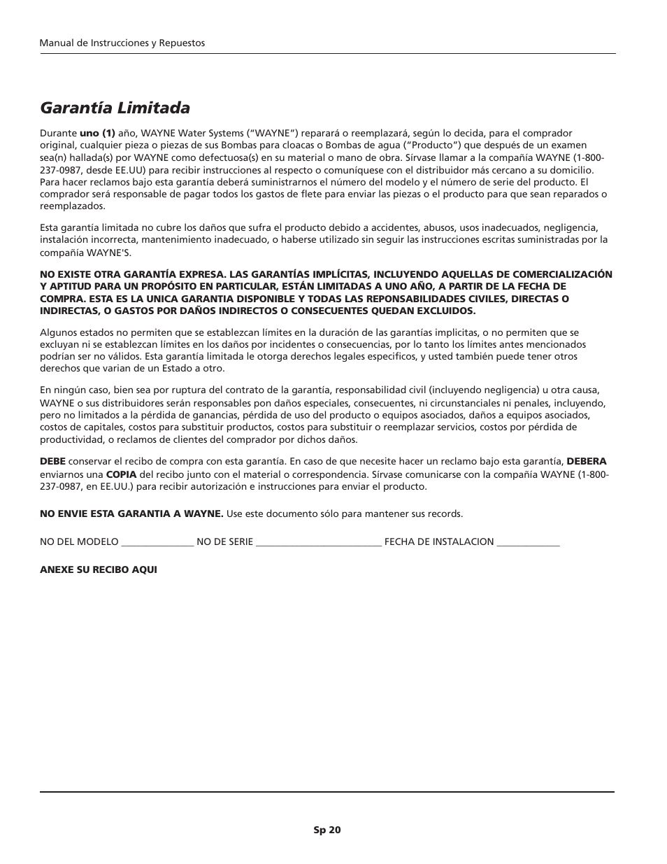 Garantía limitada | Wayne 1/3 HP SINK PUMP SYSTEM SYLT30 User Manual | Page 20 / 20