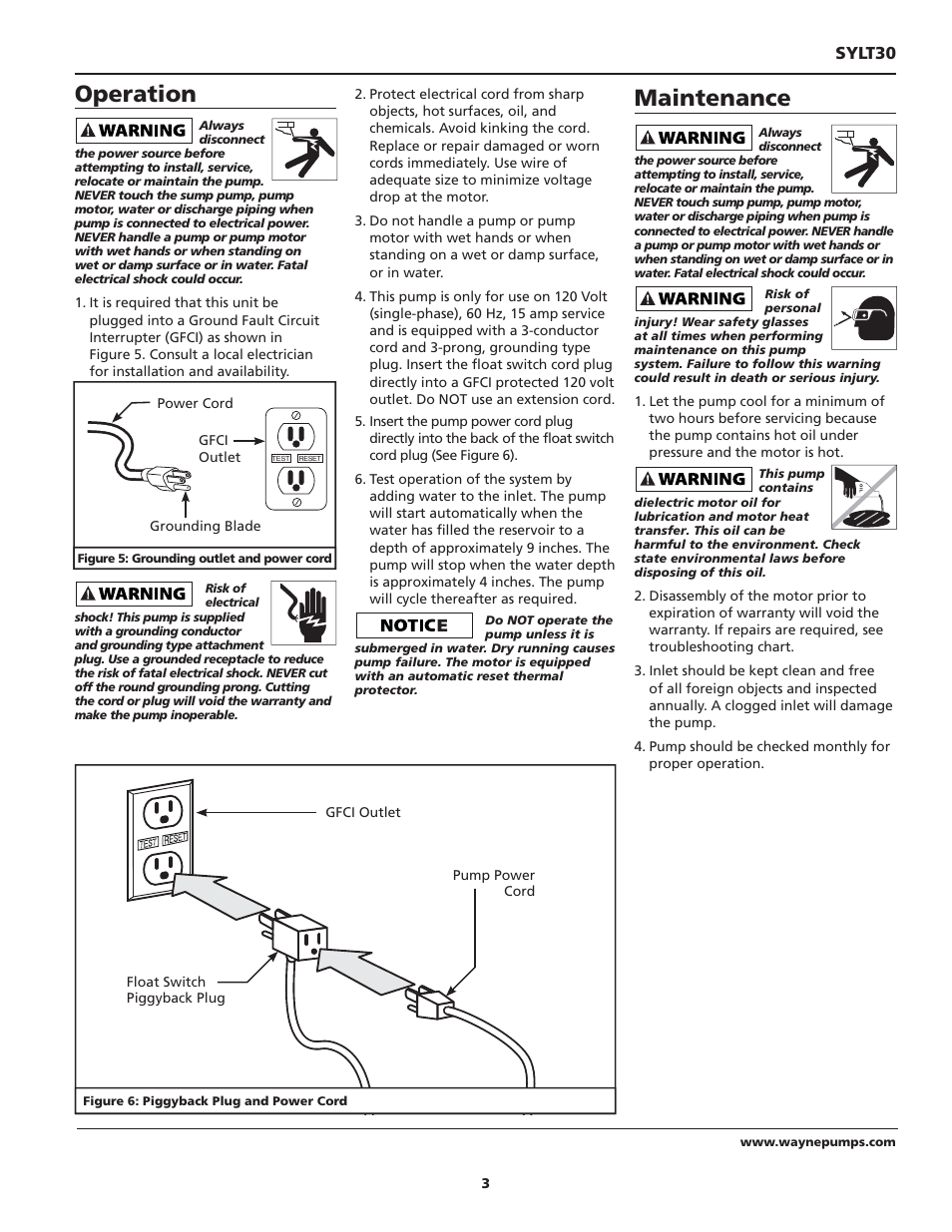 Operation, Maintenance, Sylt30 | Wayne 1/3 HP SINK PUMP SYSTEM SYLT30 User Manual | Page 3 / 20