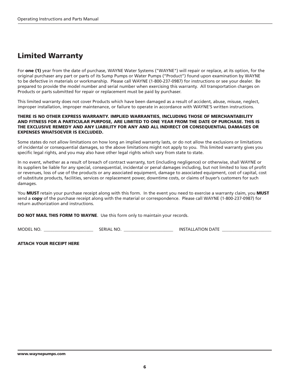 Limited warranty | Wayne 1/3 HP SINK PUMP SYSTEM SYLT30 User Manual | Page 6 / 20