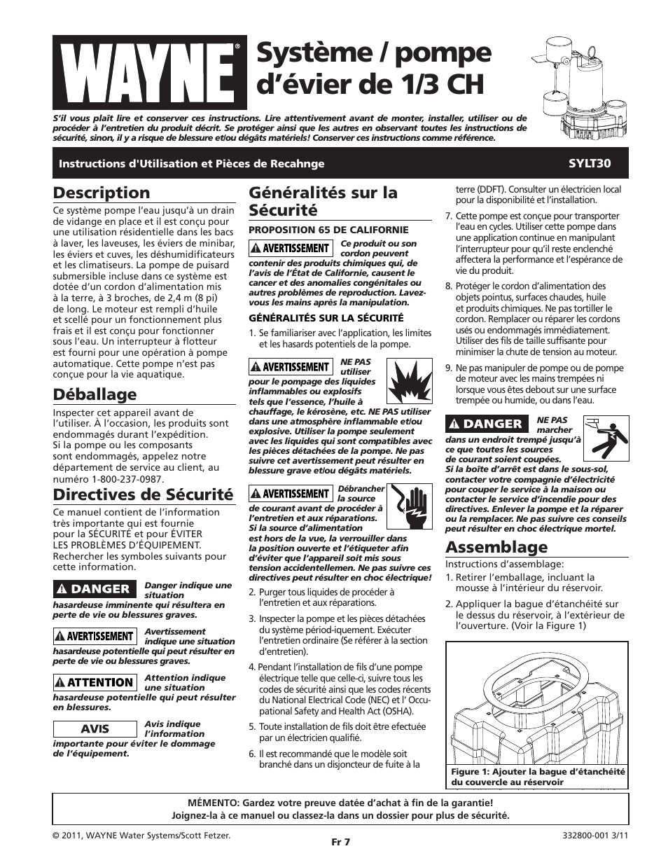 Système / pompe d’évier de 1/3 ch, Description, Déballage | Directives de sécurité, Assemblage, Généralités sur la sécurité | Wayne 1/3 HP SINK PUMP SYSTEM SYLT30 User Manual | Page 7 / 20