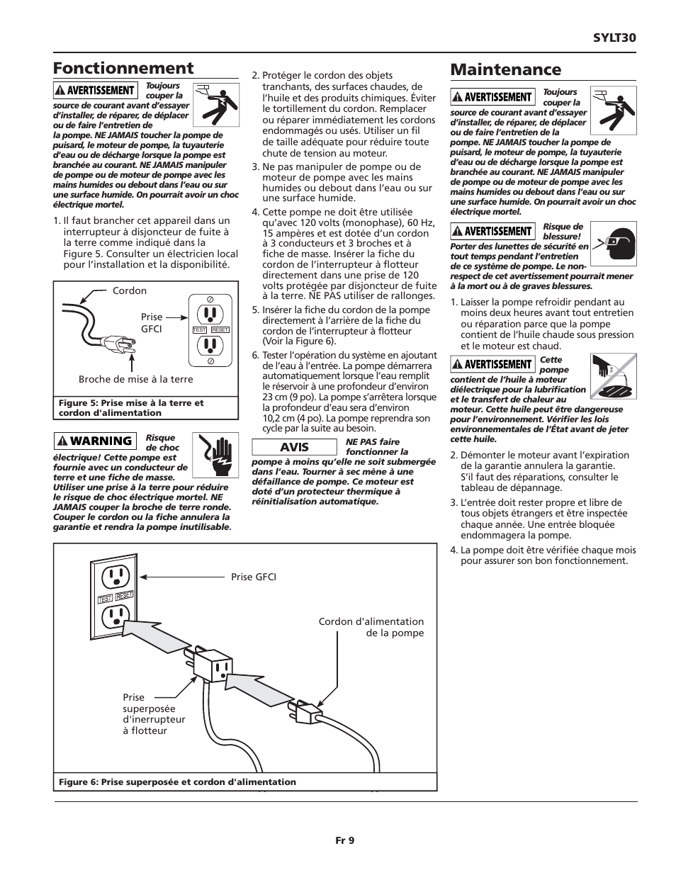 Fonctionnement, Maintenance, Sylt30 | Wayne 1/3 HP SINK PUMP SYSTEM SYLT30 User Manual | Page 9 / 20