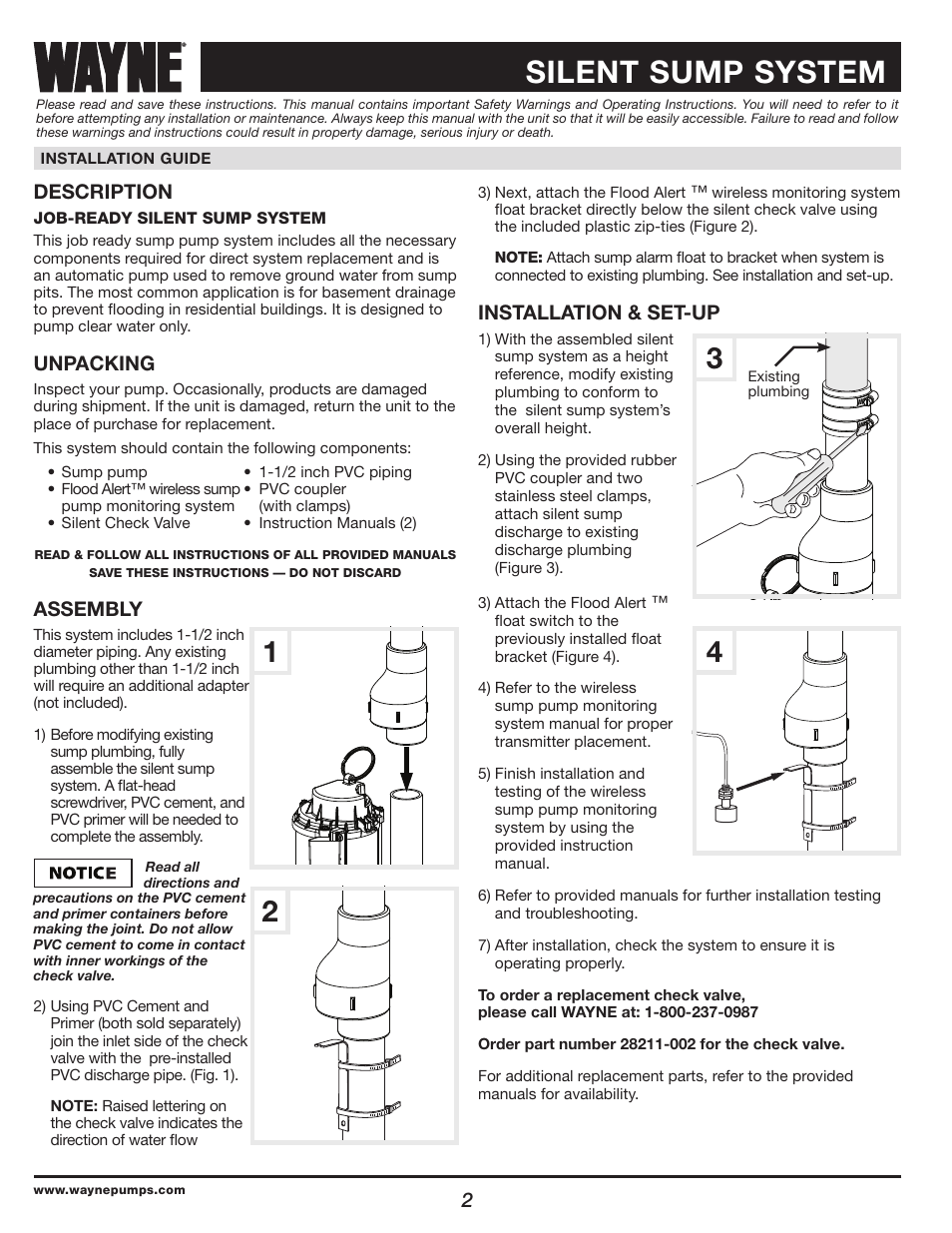 Silent sump system, 2description, Unpacking | Assembly, Installation & set-up | Wayne 550100-001 User Manual | Page 2 / 4